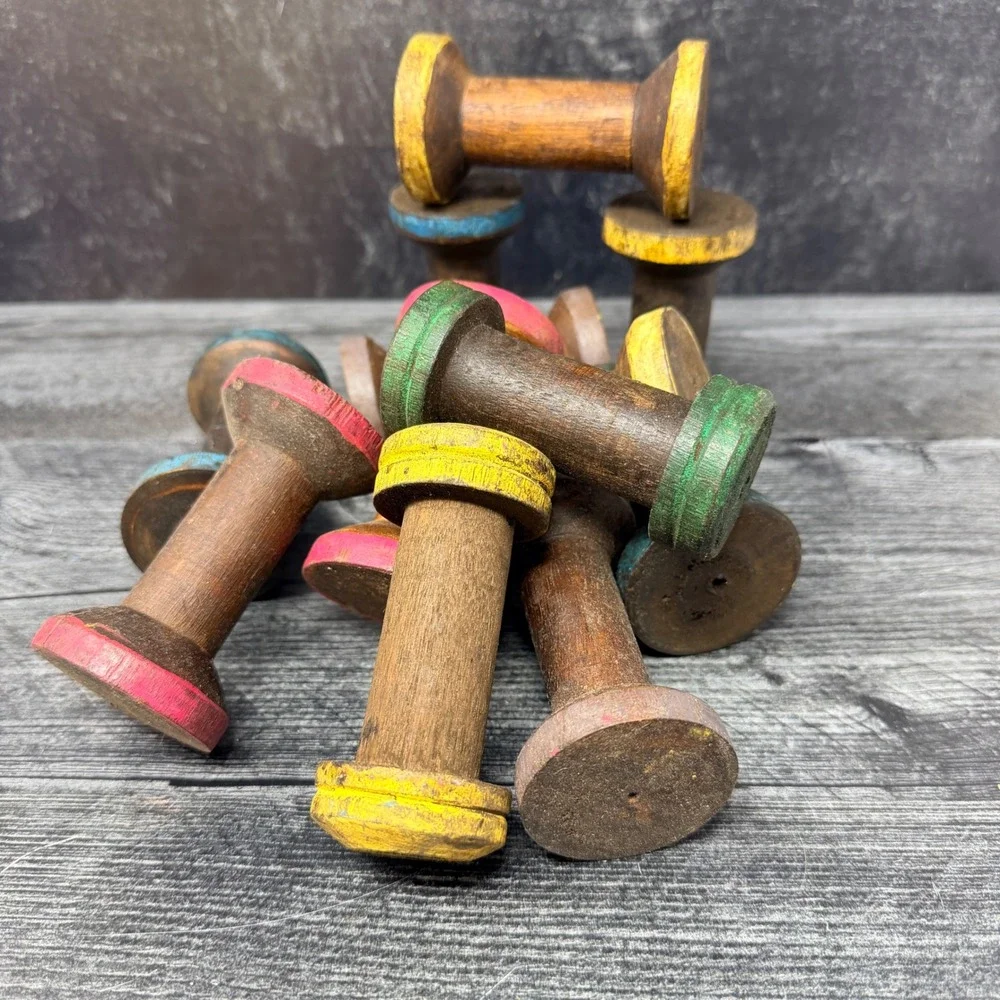 Vintage Small Wood Wooden Spool Rustic Textile Bobbin Decor Handmade 3.5